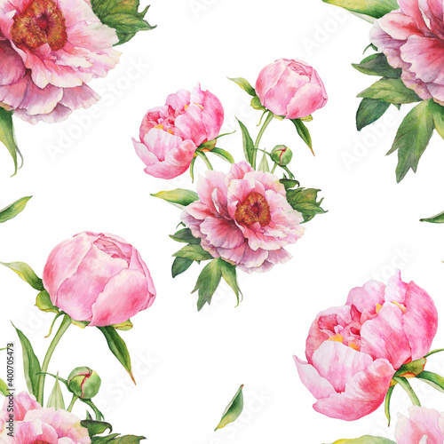Pattern with pink peonies. Watercolor illustration