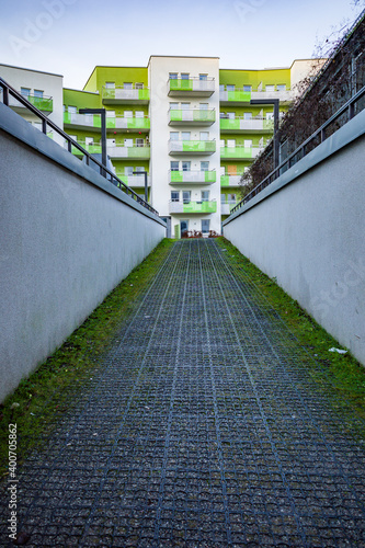 Photography Stockholm, Sweden  A pedestrian walkway to a residential housing complex in the Barkaby suburb