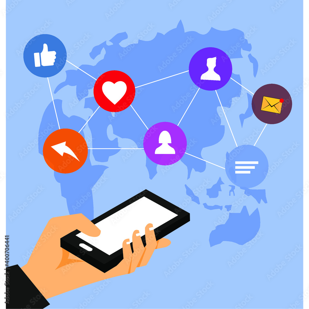 hand holding a smartphone and various icons on it