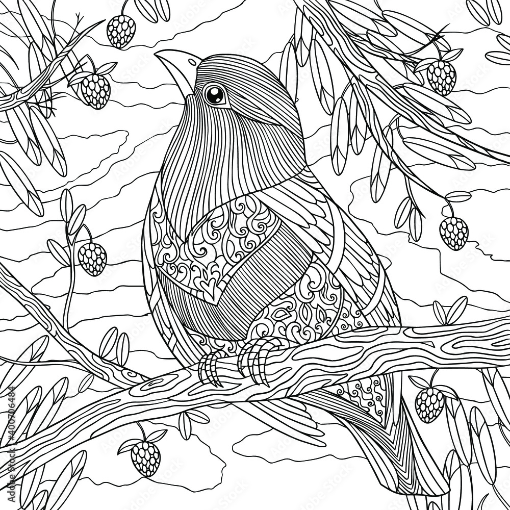 Vecteur Stock Bird sits on branch with berries in the forest. Wildlife