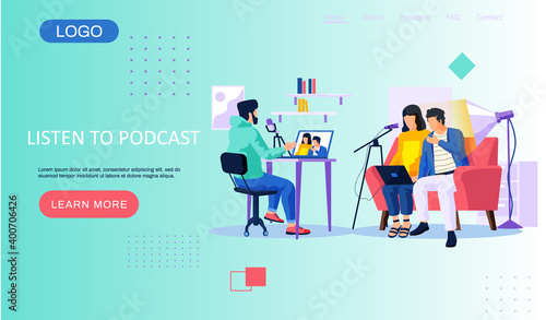 Students learning through podcasts and webinars. Education and internet technology web page template with teacher sitting at the table speaking into the microphone, people communicate at a distance