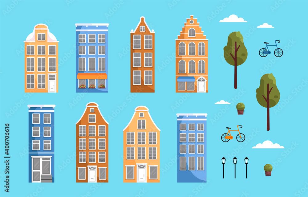 Vector set of houses with trees, bushes, lanterns, clouds, bicycles.  House facades in traditional Dutch style. Ancient houses of different shapes and colors