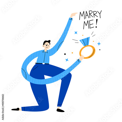 Marriage proposal, vector flat design illustration. Man is holding a wedding ring with a diamond. Hand lettering marry me.  wedding invitation, valentine