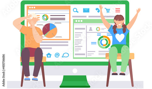 Children near statistical poster, report with diagrams and graphs. Statistics demographics, families and infants info elements set. Vector template for presentation information. Human infographic