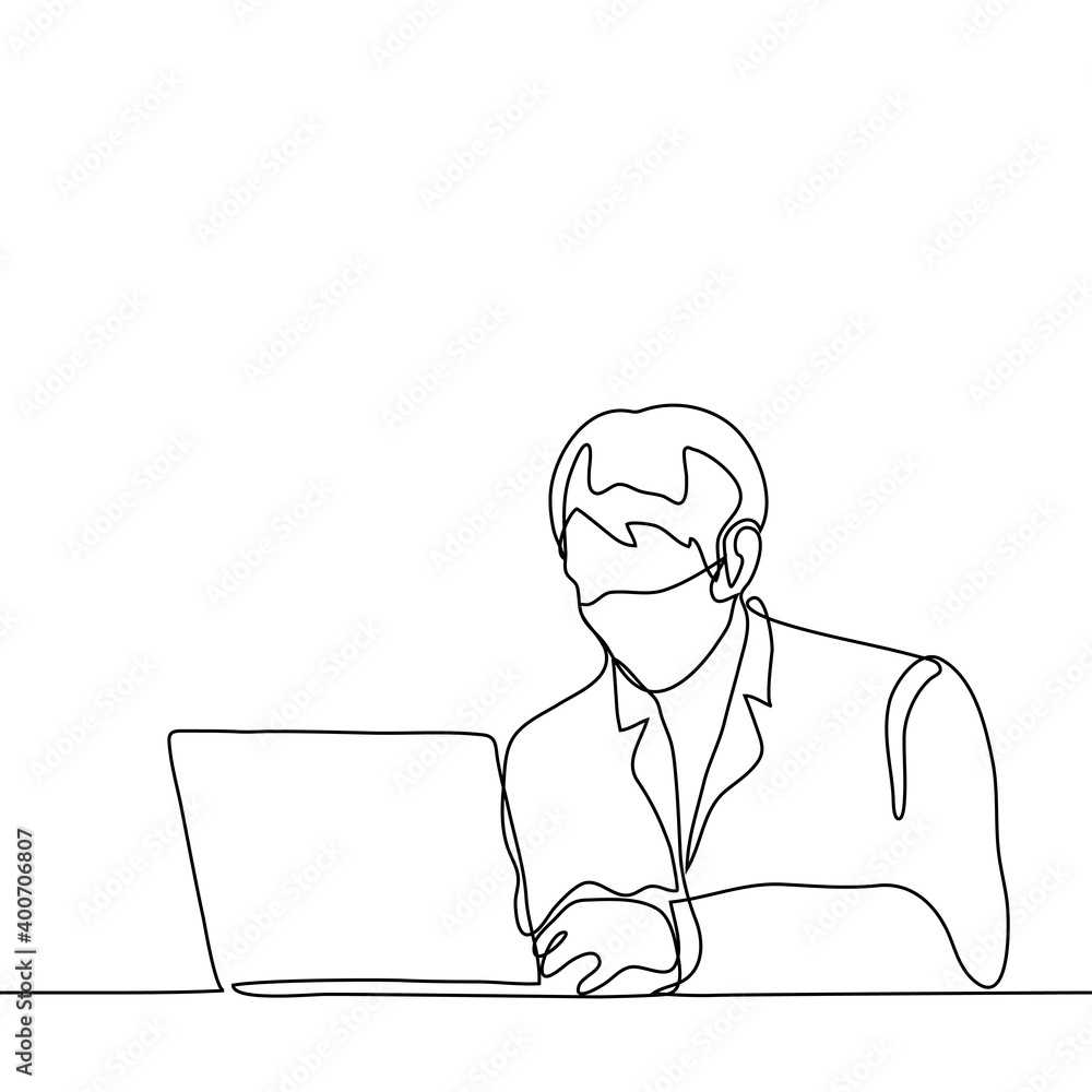 man in a mask in a jacket is sitting and working at a laptop. one line drawing office worker working in a mask in the office man in a mask in a jacket is sitting and working at a laptop. one line drawing office worker working in a mask in the office