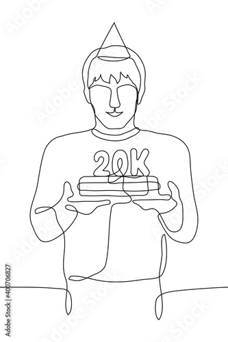 man in the cap holding a cake with candles in the form of "20K". one line drawing blogger or author to celebrate the achievement of 20 thousand subscribers, patrons, followers, donators