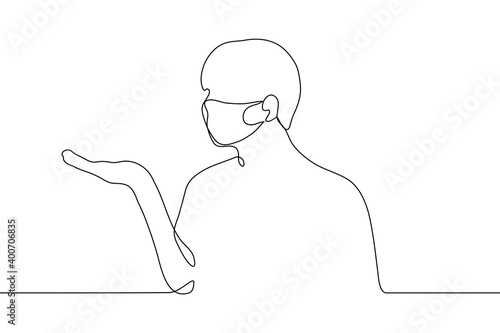 man in a mask stands in profile, he raised his hand, palm up, he looks at her. one line drawing concept of waiting for a miracle, looking at something small