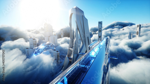 Canvas Print Futuristic sci fi city in clouds