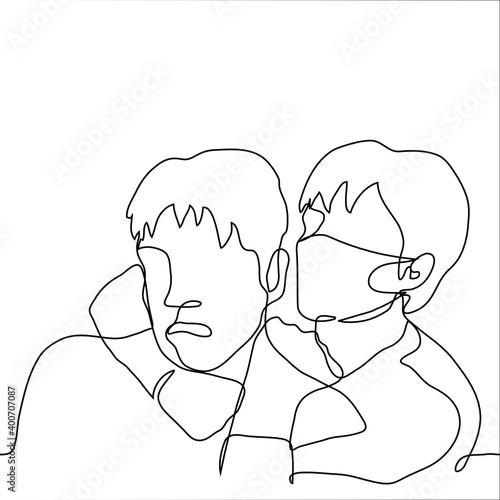 aggressive man in a mask strangles a man without a mask. one line drawing of a man physically assaulting an anti-masked dissident