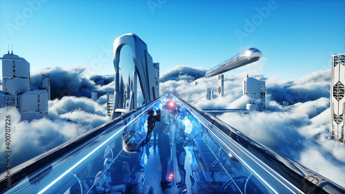 Flying passenger train. Futuristic sci fi city in clouds. Utopia. concept of the future. Aerial fantastic view. 3d rendering. photo