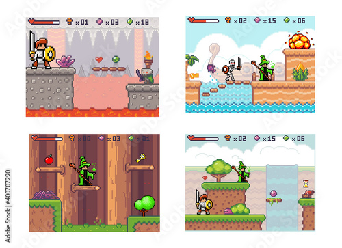 Set of illustrations on the theme of knight fighting evil. The wizard with the main character go to the goal. Adventure computer application for gamers. Way through deep. Old 8-bit mobile game of 80s