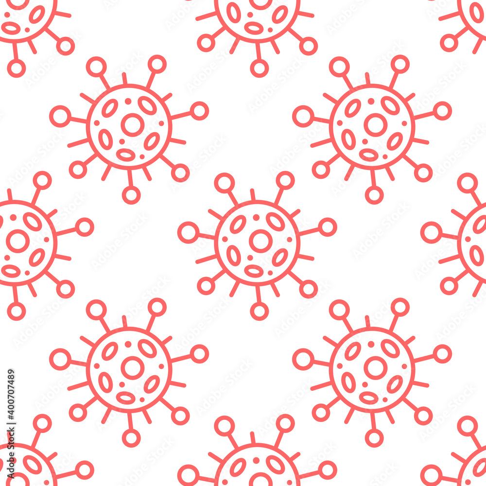 Seamless pattern of molecules, cells of virus, bacteria. Pandemic, epidemic covid-19. Theme of quarantine, spread of coronavirus, vaccination. Vector hand drawn background in doodle style isolated Seamless pattern of molecules, cells of virus, bacteria. Pandemic, epidemic covid-19. Theme of quarantine, spread of coronavirus, vaccination. Vector hand drawn background in doodle style isolated