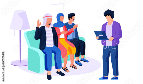 People of arab nationality give an interviews. Man with laptop in hands is recording a video massage from people. Man and woman are broadcasting in the recording studio. Guy raises his hand to answer