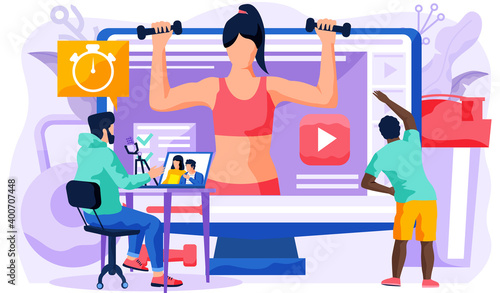 Man repeat exercises behind a girl trainer on a computer monitor. Guy with a microphone watching a video. Athlete is doing lunges with dumbbells on the computer screen. Sports online video blog