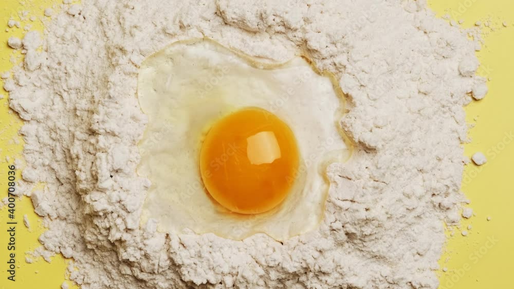 Broken egg yolk on flour for the dough on yellow background. Baking concept. Broken egg yolk on flour for the dough on yellow background. Baking concept.