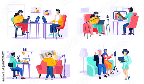 Set of pictures about people recording video messages. Man is communicating with woman and working online. Arabian people give interviews on camera. Woman with laptop in hands is recording a video