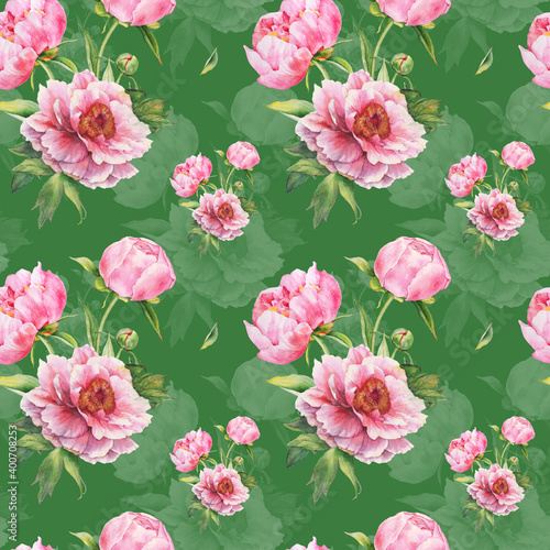 Romantic seamless pattern with watercolor bouquet of pink peonies. For backgrounds  textiles  wrapping papers  greeting cards.