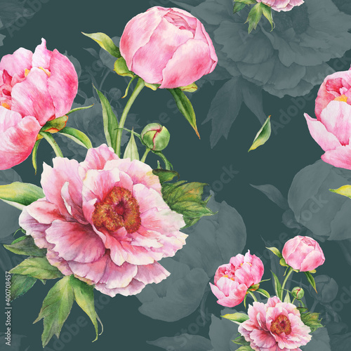 Bright seamless pattern with pink peonies
