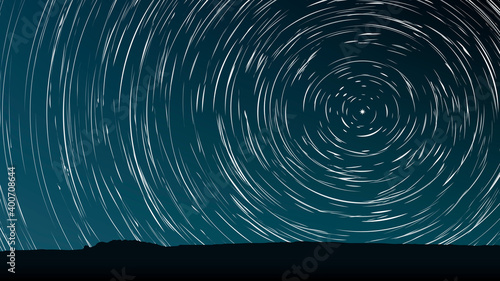 Long exposure view from the Earth to the starry sky. Abstract vector illustration. Rotation of the constellations around the Polar Star.