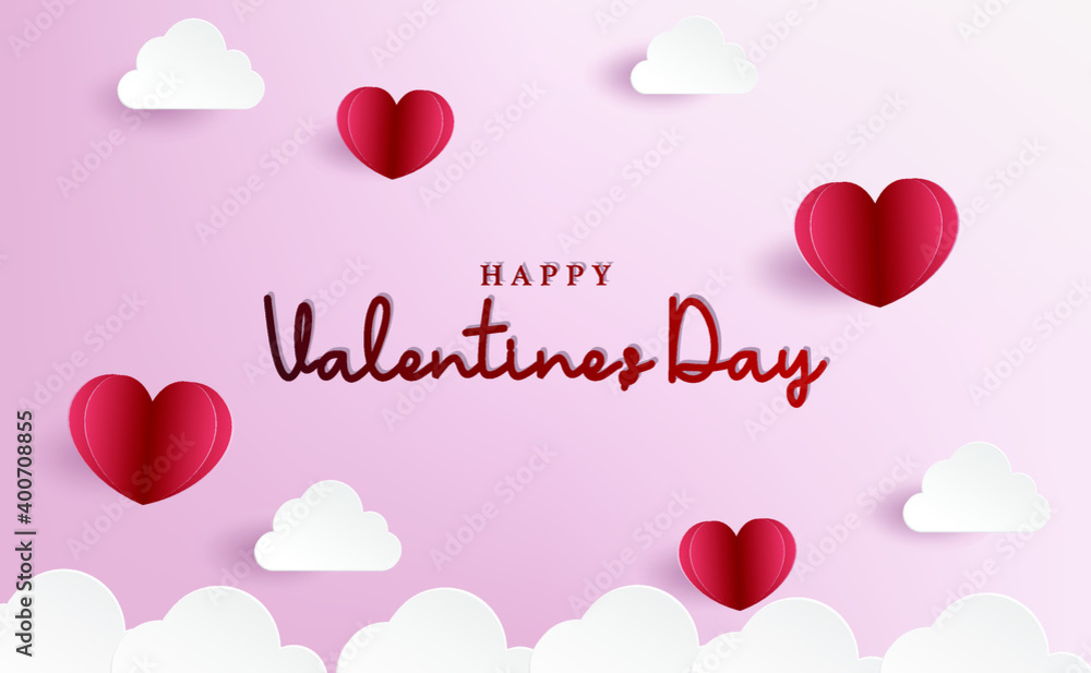 happy valentine's day text in the sky illustration with clouds and hearts