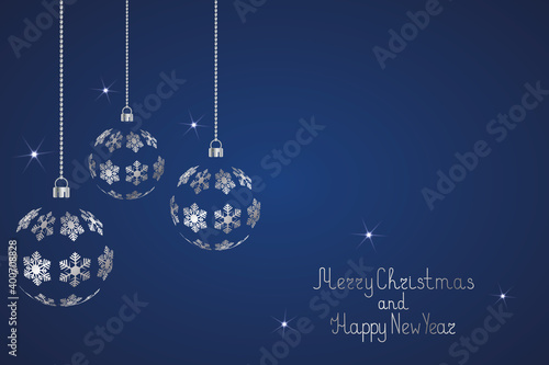 Set of Christmas toys. Ornament from silver snowflakes. Glass ball. Festive postcard. Lettering and sequins. Merry Christmas and Happy New Year. Colored vector illustration. Isolated blue background. 