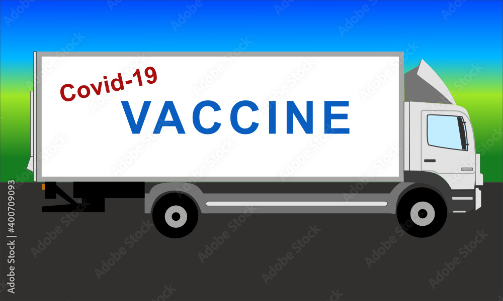 Nach rechts gerichteter weißer Lkw auf einer Straße mit der Aufschrift Covid-19 Vaccine und blau grünem Hintergrund mit Farbverlauf, Impfstoff Nach rechts gerichteter weißer Lkw auf einer Straße mit der Aufschrift Covid-19 Vaccine und blau grünem Hintergrund mit Farbverlauf, Impfstoff