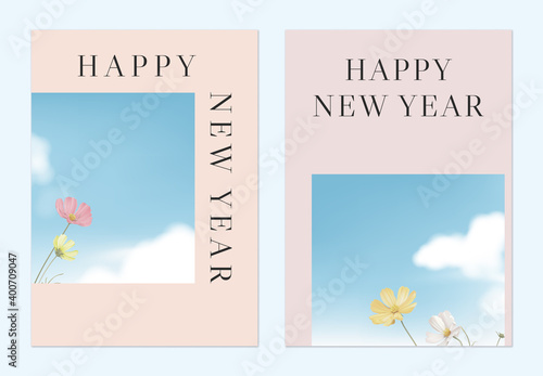 New Year greeting template design, cosmos flowers against the sky