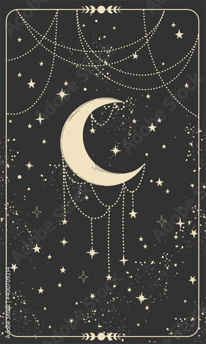Tarot card with hand and planet. Magic card, boho design, tattoo, engraving, cover for the witch. Golden mystical hand drawing on a black background with stars