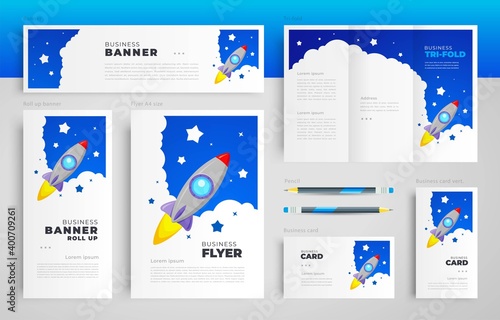 Space Rocket Set flyer cover, tri-fold, banner, roll up banner, business card photo