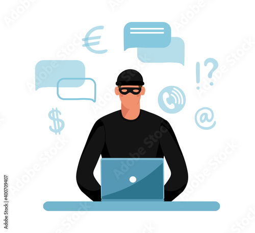 Online crime concept illustration, online social media fraud. A swindler and a thief are working at the computer. Vector flat illustration isolated on white background