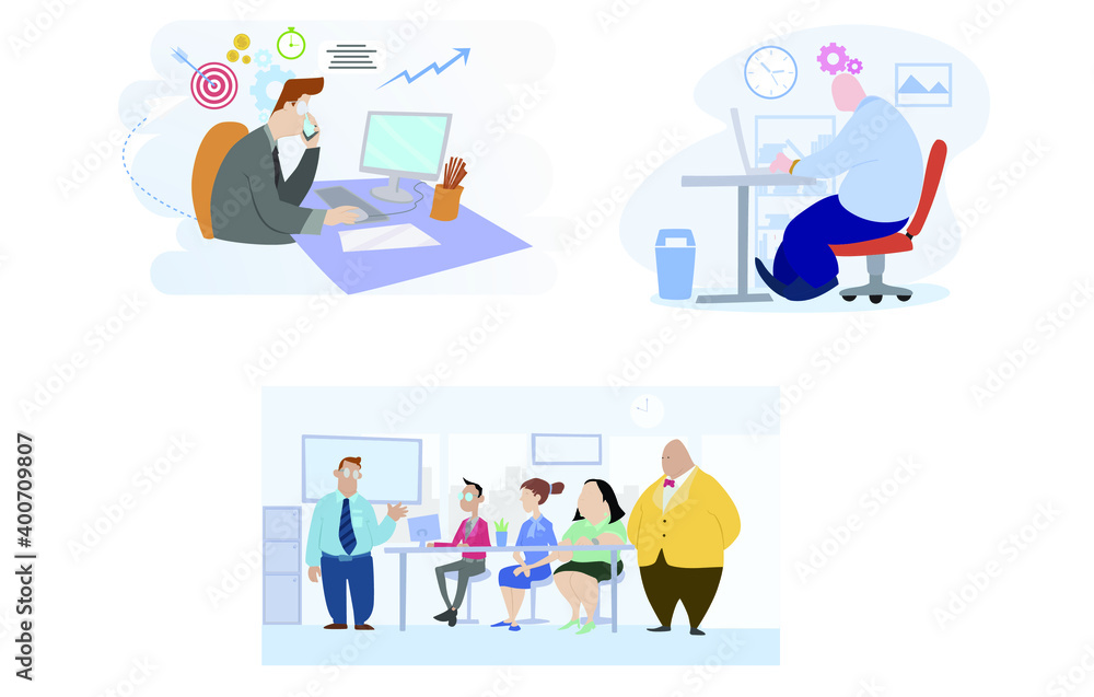 Flat illustration of office life activity, calling client, typing on laptop and presentatio Flat illustration of office life activity, calling client, typing on laptop and presentatio