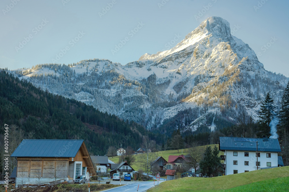 Winter landscape with beautiful high mountains in Johnsbach village in The Gesause National Park, in Styria region, Austria