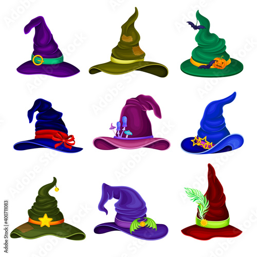 Wide Brimmed Witch Hats with Conical Crown, Ribbon, and Buckle Vector Set
