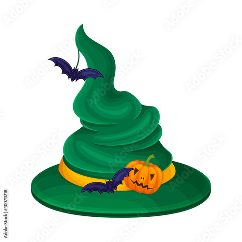 Wide Brimmed Witch Green Hat with Conical Crown and Ribbon with Bat Vector Illustration