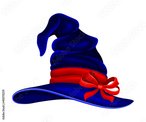 Wide Brimmed Witch Hat with Conical Crown and Red Ribbon with Bow Vector Illustration