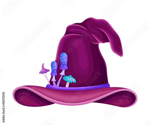 Wide Brimmed Witch Hat with Conical Crown and Thin Ribbon with Fantastic Mushrooms Vector Illustration
