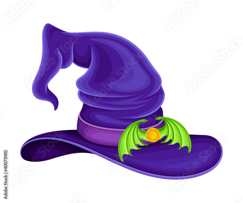 Witch Purple Hat with Conical Crown and Strap with Bat Wings Vector Illustration