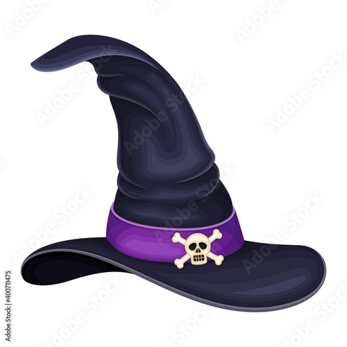 Wide Brimmed Witch Black Hat with Conical Crown and Strap with Skull Vector Illustration