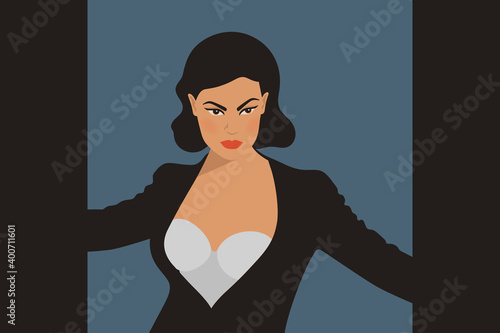 Beautiful woman with doe eyes, coral blush, standout lipstick and black hair standing in door frame with fierce expression, wearing bustier and blazer. Flat vector illustration.