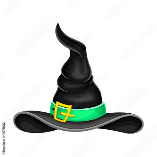 Witch Pointed Hat with Belt and Wide Brim Vector Illustration