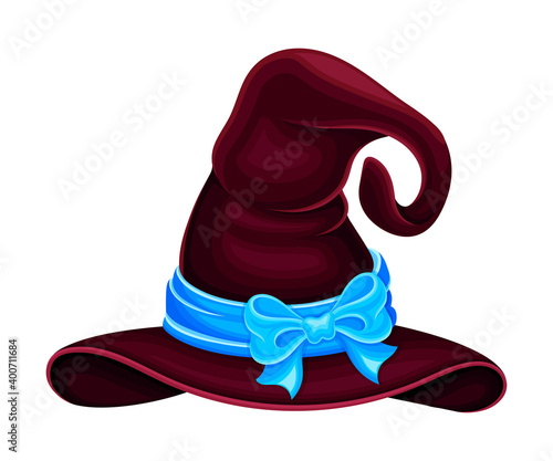 Wide Brimmed Witch Hat with Conical Crown and Blue Ribbon with Bow Vector Illustration