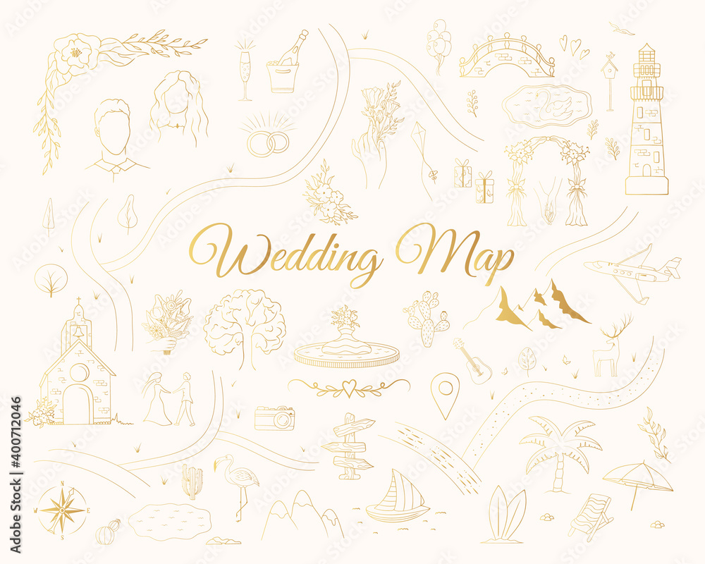 Golden wedding invitation card with elements. Vector isolated gold map creator for engagement . Hand drawn illustration for marrige ceremony.