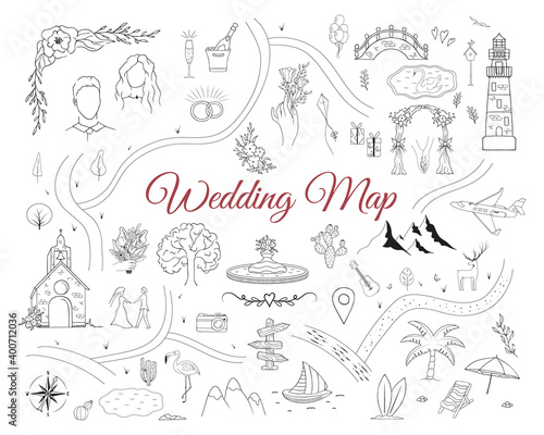 Wedding invitation card with elements. Vector isolated map creator for engagement . Hand drawn illustration for marrige ceremony.