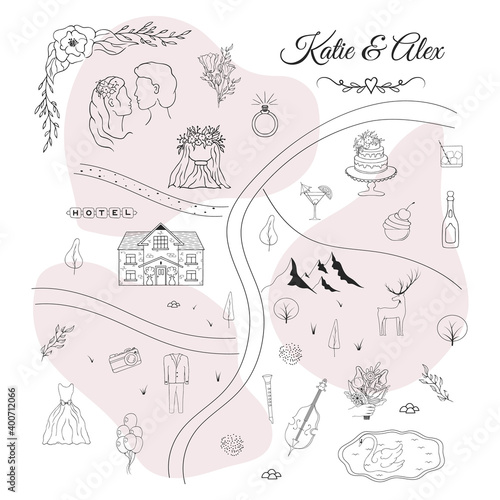 Wedding invitation card. Vector isolated map with roads, floral and  other celebration elements for engagement . Hand drawn illustration for marrige ceremony.
