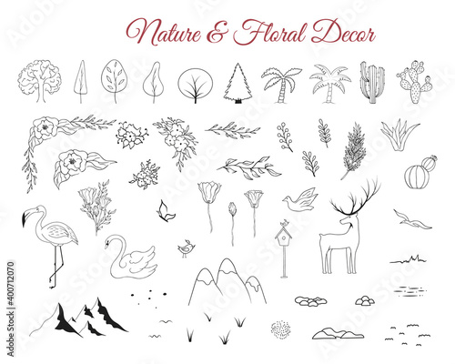 Wedding nature and floral decor. Vector isolated trees, flourish corners, flowers, deer, flamingo and other celebration elements.. Hand drawn illustration for marrige ceremony.