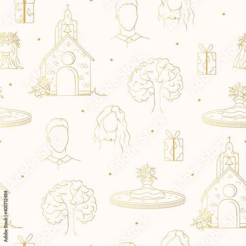 Golden bride and groom faces, fountain, chapel, wedding tree for invitation card background. Vector isolated elegant gold wedding seamless pattern. 