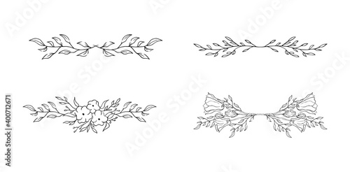 Set of floral borders for invitations. Elegant branch dividers. Vector isolated spring flourish page break laurels. 