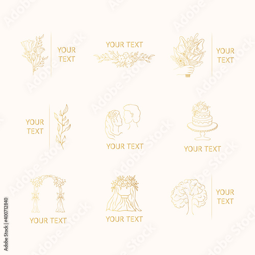 Set of hand drawn branding frames with gold flowers, floral dividers and branches, bouquet, bride, groom, engagement elements for invitation cards. Vector isolated elegant fancy wedding badges. 