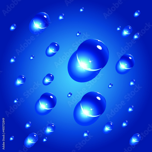 Vector Illustration of realistic water drops different shapes and size with reflection isolated on background.