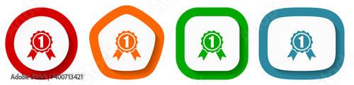 Badge, first, number one vector icon set, flat design buttons on white background